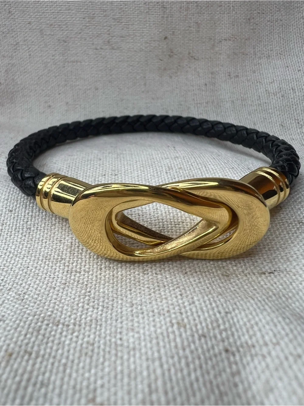 Stainless Steel Gold Knot Magnetic Clasp Black Braided Bangle NWOT